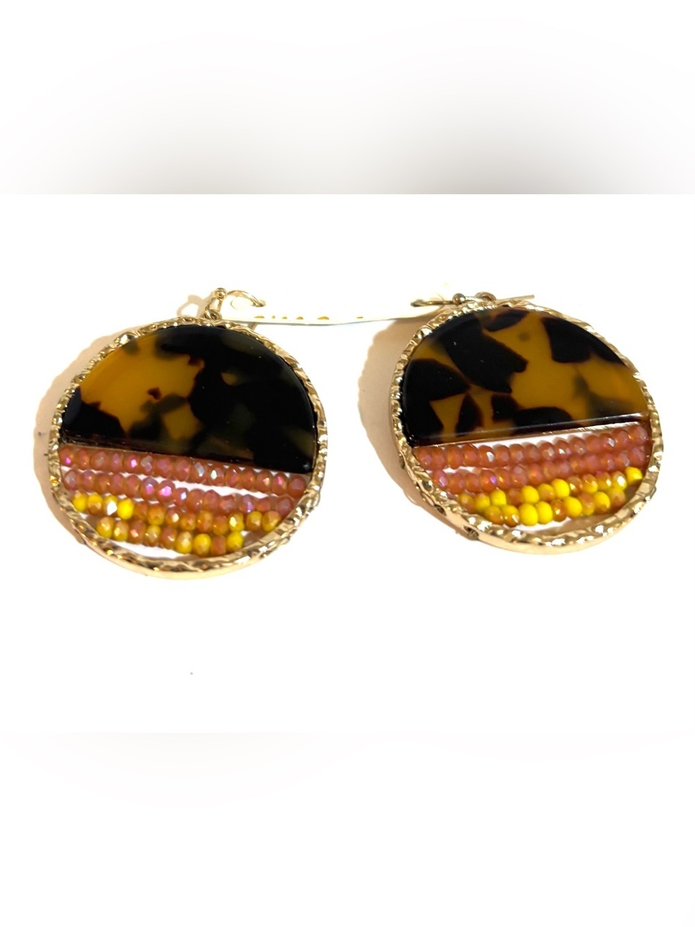 Gold-Tone Tortoiseshell Disk Earrings with Pink and Yellow Bead Stripes